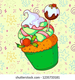 Christmas hand drawn doodle illustration of a cupcake. Cute kids style, very colorful, For use in leaflets, posters, banners, menus, cards