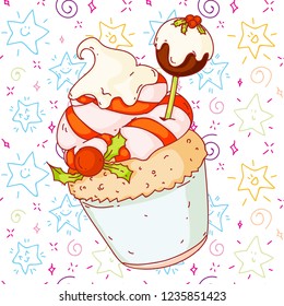 Christmas hand drawn doodle illustration of a christmas cupcake. Cute kids style, very colorful, For use in leaflets, posters, banners, menus, cards