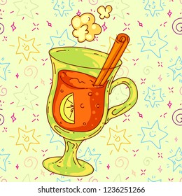 Christmas hand drawn doodle illustration of a hot drink. Cute kids style, very colorful, For use in leaflets, posters, banners, menus, cards