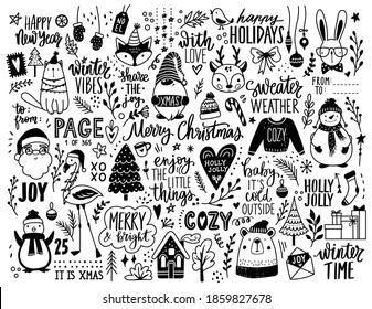 Christmas hand drawn doodle illustration. Xmas, Happy new Year set in sketch style. Santa Claus, animals, lettering, gnome, snowman. Vector Decoration for winter holidays isolated on white background.