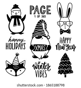 Christmas hand drawn doodle illustration. Xmas, Happy new Year set in sketch style. Gnome, cute penguin, rabbit, fox, christmas tree, lettering. Vector Decoration for winter holidays isolated.