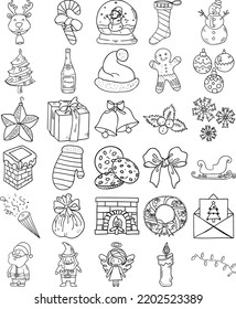 Christmas Hand Drawn Doodle Line Art Outline Set Containing angel, bells, bow, candle, candy cane, Champagne, chimney, Christmas card, Christmas tree, cookies, cracker, elf, fireplace, gingerbread