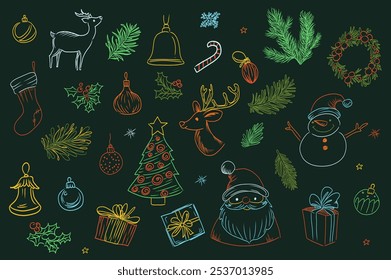 Christmas hand drawn doodle mega set elements in flat graphic design. Collection objects of reindeer, fir branch, bell, candy, wreath, snowman, holly, gift, Santa Claus, other. Vector illustration.