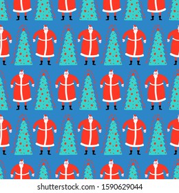Christmas hand drawn doodle pattern seamless. Santa Claus and Christmas tree. Xmas Abstract modern trendy background. New Year vector texture 