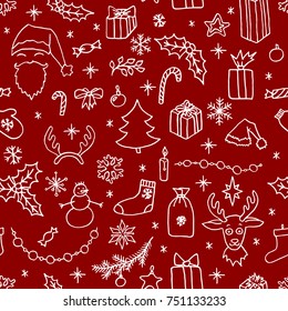 Christmas hand drawn doodle seamless pattern. Santa, tree, reindeer, snowman, snowflakes, gifts, decorations, holly, candle, stars. Vector illustration holidays white and red background.
