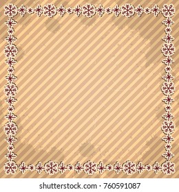 Christmas hand drawn doodle square blank frame. Snowflakes over textured vintage brown striped background. Vector winter holiday illustration.