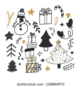 Christmas hand drawn doodle vector illustration. Christmas art drawings in black and gold. Holiday composition with Xmas decorations.  New Year textile, wrapping paper, background design