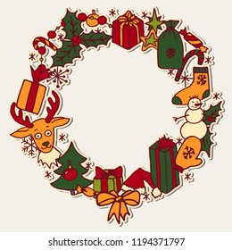 Christmas hand drawn doodle wreath vector blank frame with room for your greetings. Santa hat, reindeer, snowman, snowflakes, gifts, decorations, holly, sock and stars isolated over white.