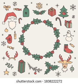 Christmas hand drawn doodle wreath frame with Santa, spruce tree, reindeer, snowman, snowflakes, gifts, decorations, holly and stars. Vector winter holiday garland illustration.