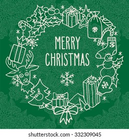 Christmas hand drawn doodle wreath with greetings in white over green background. Santa hat, Christmas tree, reindeer, snowman, snowflakes, gifts, decorations, holly, candies, sock, stars.