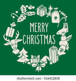 Christmas hand drawn doodle wreath with hand written greetings in white over green background. Santa hat, Christmas tree, reindeer, snowman, snowflakes, gifts, decorations, holly, candies, sock.