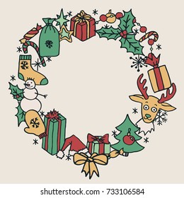 Christmas hand drawn doodle wreath vector frame with room for your greetings. Santa hat, tree, reindeer, snowman, snowflakes, gifts, decorations, holly, candies, sock, stars.