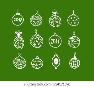 Christmas hand drawn doodle xmas design with balls, toys and fir-cone. Vector illustration