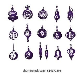 Christmas hand drawn doodle xmas design with balls, toys and fir-cone. Vector illustration