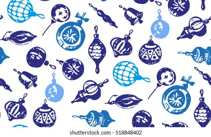 Christmas hand drawn doodle xmas design with balls, toys and fir-cone. Vector pattern. Hand drawn doodle background