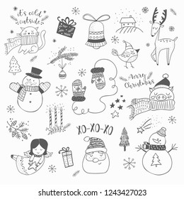 Christmas hand drawn doodles set. Cute winter animals and Christmas element collection. Cartoon vector seamless background pattern design illustration.