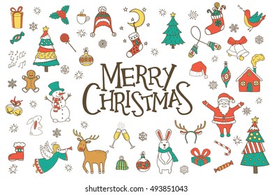 Christmas hand drawn doodles set. 