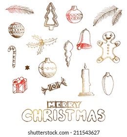 Christmas hand drawn doodles for xmas design. With decoration, Vector