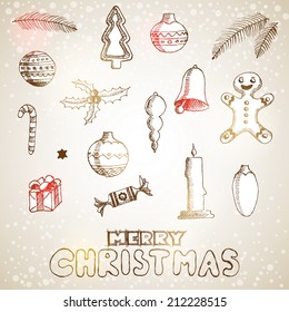 Christmas hand drawn doodles for xmas design. With decoration, Vector