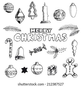 Christmas hand drawn doodles for xmas design. With decoration, Vector
