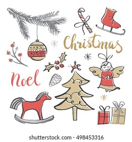 Christmas hand drawn elements set. Vector illustration.