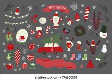 Christmas hand drawn elements set. New Year holiday signs. Stock vector