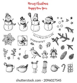 Christmas hand drawn elements for xmas design. Collection with toys, candy, candles, mistletoe, holly berries, mulled wine, snowman. Vintage Xmas design set. New year vector illustration