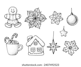 Christmas hand drawn elements for xmas design. Collection with toys, mistletoe, balls, gingerbread man, hot drink . Vintage Xmas design set. Linear graphic. New year vector illustration