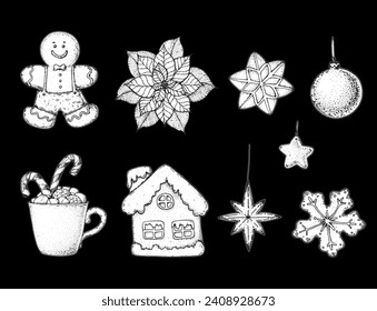 Elementos dibujados a mano de Navidad para el diseño de navidad. Colección con juguetes, mistletos, bolas, pan de jengibre, bebida caliente. Conjunto de diseño de navidad vintage. Gráfico lineal. Ilustración vectorial de año nuevo