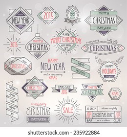 Christmas hand drawn emblems set. Vector illustration.