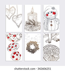 Christmas hand drawn engaving set. New year, Valentines and other winter holidays illustration vector collection. 