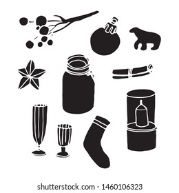 Christmas hand drawn festive elements such as candles, berries, cookies, cinnamon, Christmas tree decorations, glasses, poinsettia flower, lamps, star, sock.