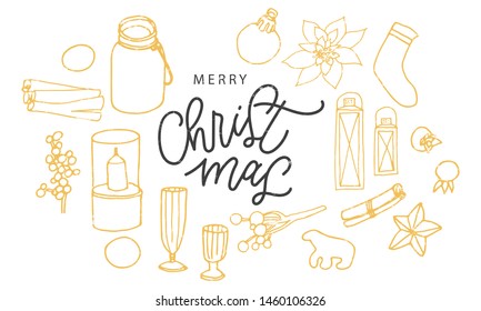 Christmas hand drawn festive elements such as candles, berries, cookies, cinnamon, Christmas tree decorations, glasses, poinsettia flower, lamps, star, sock.