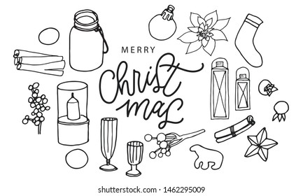 Christmas hand drawn festive elements such as candles, berries, cookies, cinnamon, Christmas tree decorations, glasses, poinsettia flower, lamps, star, sock.
