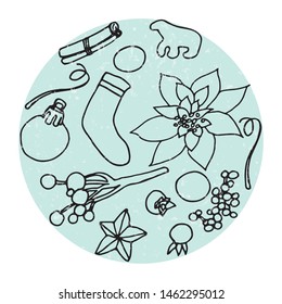 Christmas hand drawn festive elements such as candles, berries, cookies, cinnamon, Christmas tree decorations, glasses, poinsettia flower, lamps, star, sock.