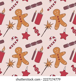 Christmas hand drawn flat seamless pattern with gingerbread and firecracker