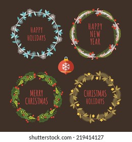 Christmas Hand Drawn Floral Decorations Vector Set. Design Elements, Ornaments, Ribbons, Laurel, Labels, Wreath and Holidays symbols.