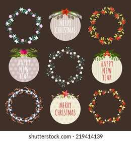 Christmas Hand Drawn Floral Decorations Vector Set. Design Elements, Ornaments, Ribbons, Laurel, Labels, Wreath and Holidays symbols.