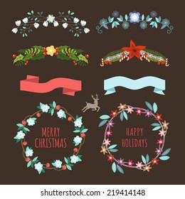 Christmas Hand Drawn Floral Decorations Vector Set. Design Elements, Ornaments, Ribbons, Laurel, Labels, Wreath and Holidays symbols.