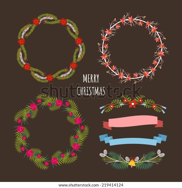 Christmas Hand Drawn Floral Decorations Vector\
Set. Design Elements, Ornaments, Ribbons, Laurel, Labels, Wreath\
and Holidays\
symbols.