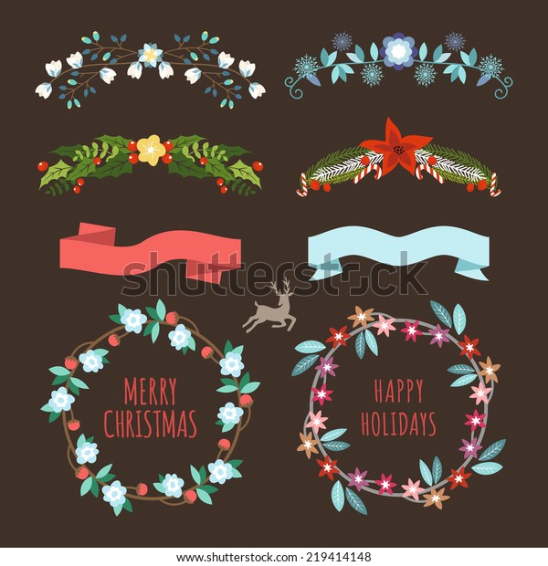 Christmas Hand Drawn Floral Decorations Vector\
Set. Design Elements, Ornaments, Ribbons, Laurel, Labels, Wreath\
and Holidays\
symbols.