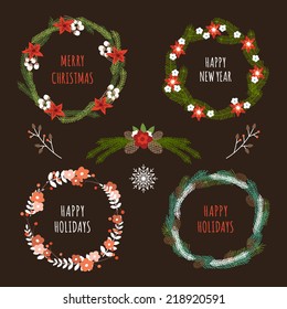 Christmas Hand Drawn Floral Vector Set. Design Elements, Decoration, Ribbons, Laurel, Labels, Wreath and Holidays symbols. 