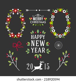 Christmas Hand Drawn Floral Vector Set. Design Elements, Decoration, Ribbons, Laurel, Labels, Wreath and Holidays symbols. 