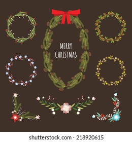 Christmas Hand Drawn Floral Vector Set. Design Elements, Decoration, Ribbons, Laurel, Labels, Wreath and Holidays symbols. 
