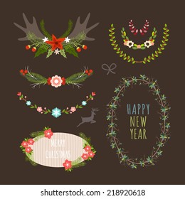Christmas Hand Drawn Floral Vector Set. Design Elements, Decoration, Ribbons, Laurel, Labels, Wreath and Holidays symbols. 