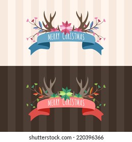 Christmas Hand Drawn Floral Vector Set. Design Elements, Decoration, Ribbons, Laurel, Labels, Wreath and Holidays symbols.