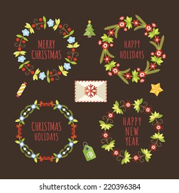 Christmas Hand Drawn Floral Vector Set. Design Elements, Decoration, Ribbons, Laurel, Labels, Wreath and Holidays symbols.