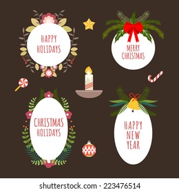 Christmas Hand Drawn Floral Vector Set. Design Elements, Decoration, Ribbons, Laurel, Labels, Wreath and Holidays symbols.