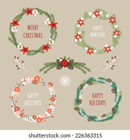 Christmas Hand Drawn Floral Vector Set. Design Elements, Decoration, Ribbons, Laurel, Labels, Wreath and Holidays symbols.