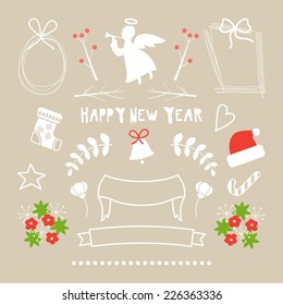Christmas Hand Drawn Floral Vector Set. Design Elements, Decoration, Ribbons, Laurel, Labels, Wreath and Holidays symbols.